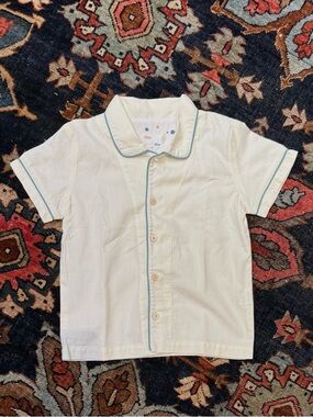 Oeuf Cream Button-Down Shirt with Teal Trim